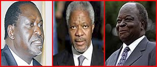 Raila Odinga(L), Kofi Annan(M),  Mwai Kibaki